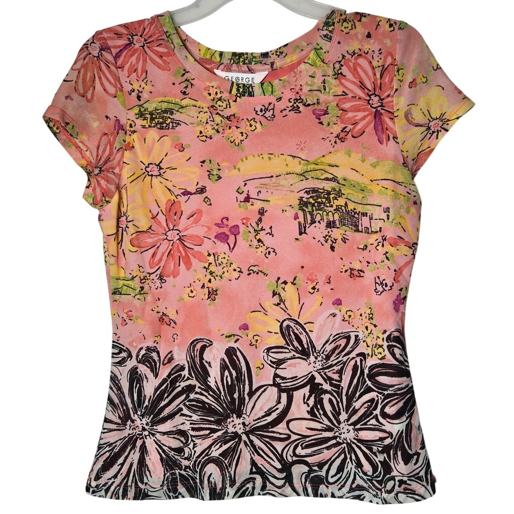 George Floral Mesh Top Medium Y2K Fairy Cottage AOP 2000s Boho Summer Casual